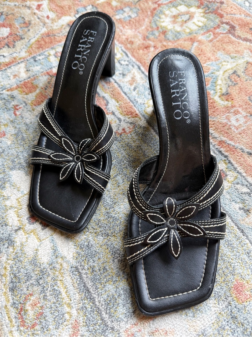 VTG Y2K 90s Franco Sarto Black Leather Square Toe Mule Heel Sandal US7.5 Fairy